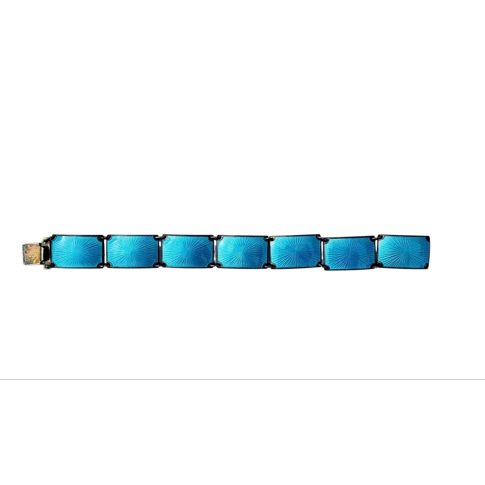 Finn Jensen Norway Sterling Silver Aqua Blue Enamel Guilloche Panel Bracelet